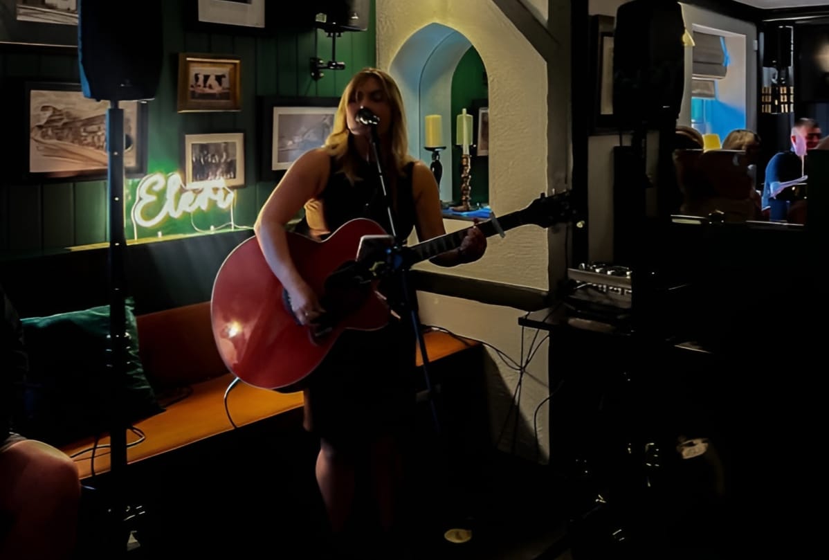 A female singer singing in the pub